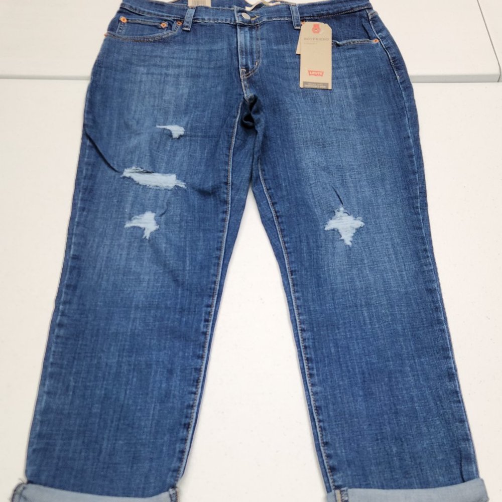 NEW Levi's BOYFRIEND Mid Rise Relaxed Tapered Blue Stretch Jeans size 14 / 32x27